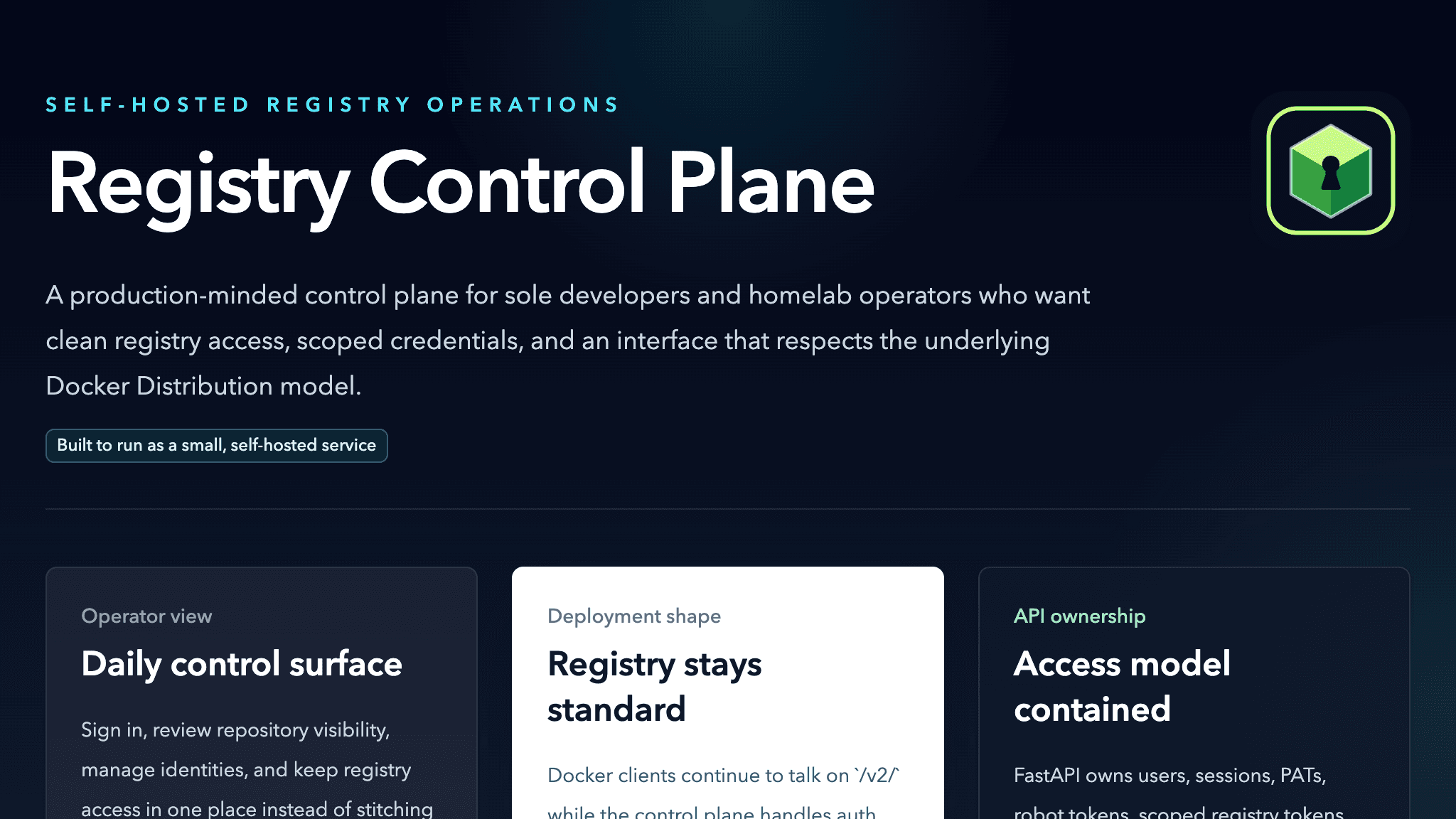 Registry Control Plane operator interface showing registry access and daily control surfaces.