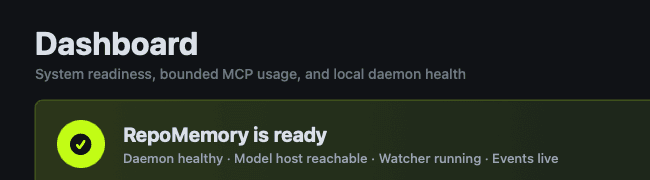 Cropped RepoMemory dashboard showing the local daemon as healthy and RepoMemory ready for coding-agent requests.