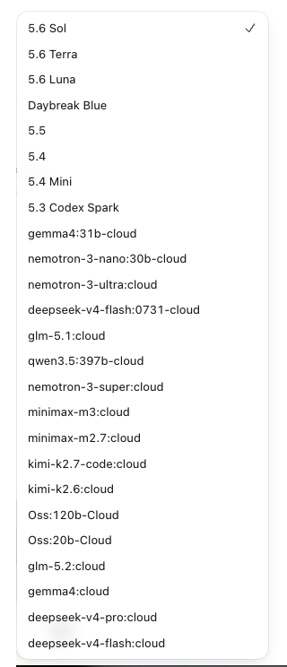 Codex Desktop model picker showing OpenAI models followed by Halo models whose names are tagged cloud.